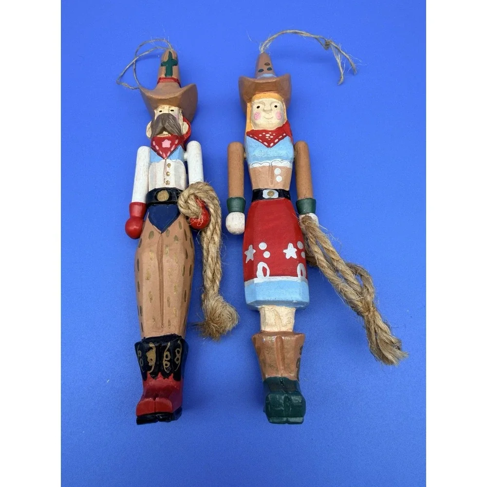 Vintage Wood Cowboy Cowgirl Christmas Ornaments Pair Western Folk Art Rope